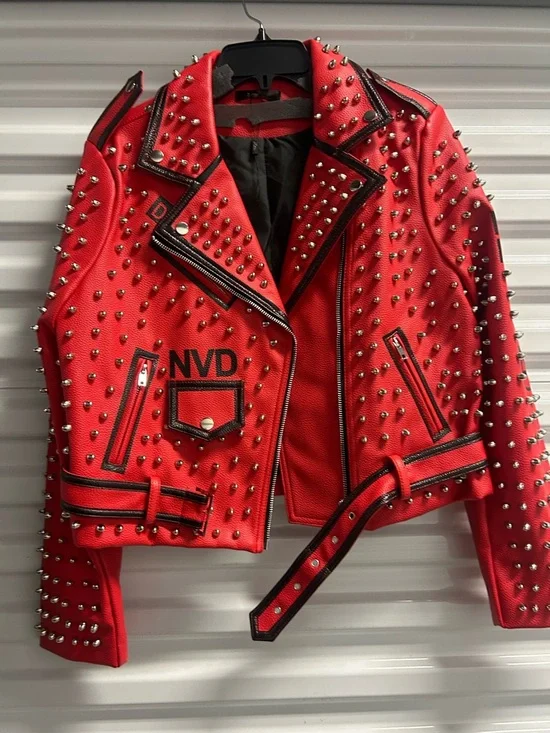 Red Studded Leather Jacket Sleeve Detail - Picture 1 of 10